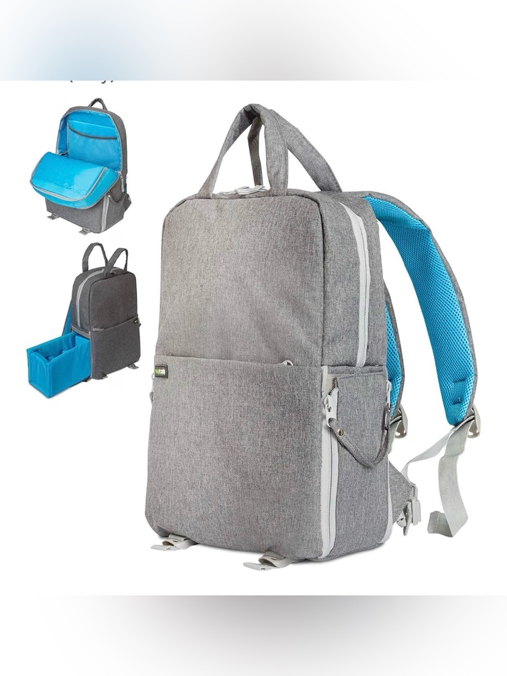 Gray multipurpose (camera, laptop) Backpack with Blue Interior - Comfort Carry